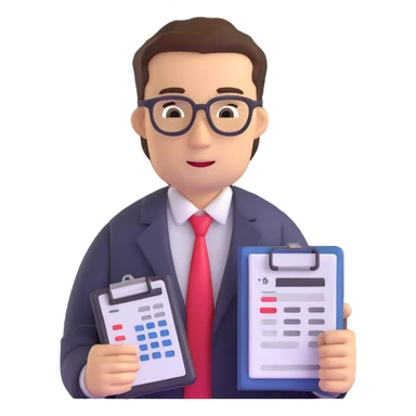 male accountant with spreadsheet, calculator and ledger sticker