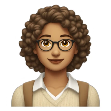 smiling indian teenage girl with curly hair and glasses wearing a collared long sleeve white shirt under a beige v shaped collar sweatervest with no buttons sticker