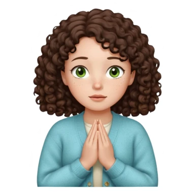 young girl in cozy cardigan milky blue tones, green eyes wide open, freckles, plump lips, dark brown curly hair below shoulders, hands folded in prayer or gratitude, looking forward, emoji style sticker