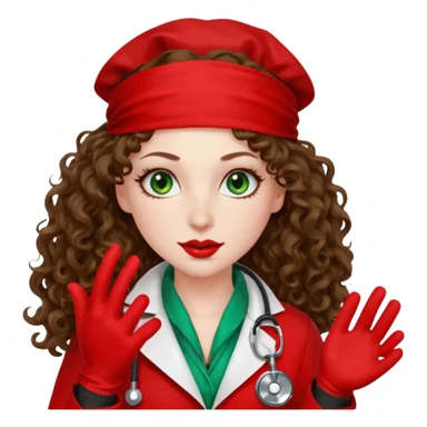 Spanish sexy evil woman. She has green eyes.  had brown long curly hair.  evil surgeon kills with needle wears red sexy doctor coat with red bandana on her mouth and nose to hide and wearing red gloves.  sticker