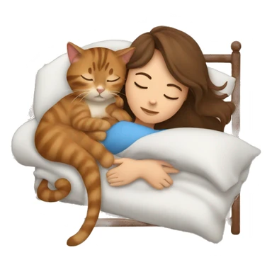 brown haired girl sleeping with tabby brown cat in bed sticker