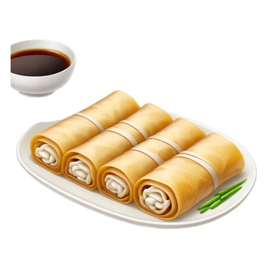 Cantonese rice noodle roll Cheung Fun with soy sauce and sesame seeds, simplified emoji style with bold outlines and bright colors, cartoon style translucent rolled rice sheets on plate sticker