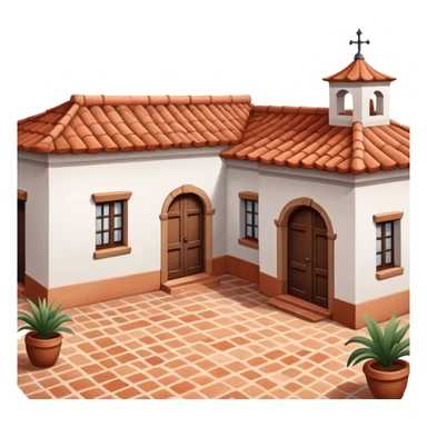 Traditional Spanish hacienda with white walls, terracotta roof, iron details, and small courtyard sticker