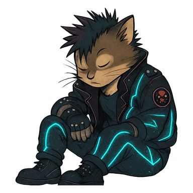  a anthro cat laying down his head to nap, punk gothic style, futuristic cyberwave cyberpunk, sitting position sticker
