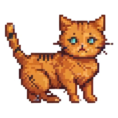 playful orange cat with black stripes, pixel art style sticker