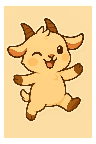 Chibi goat, winking and dancing, left leg up, right arm up, joyful expression, animation frame 1, same style and background as reference. sticker