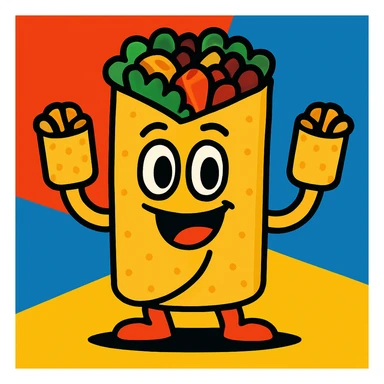 Change the hands so they are made of small burritos, vibrant cartoon style sticker