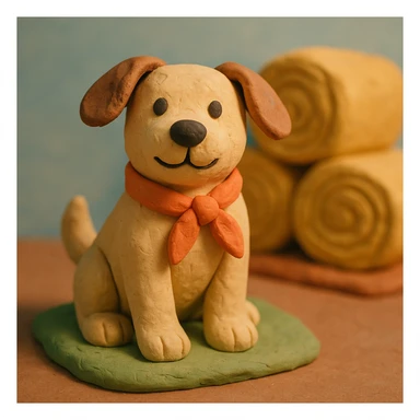 friendly farm dog with a bandana, hay bales in background, soft pastel colors, claymation style sticker