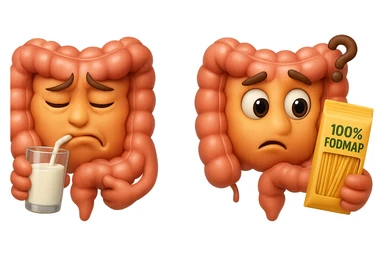 emoji stile iphone di un intestino che beve latte e ha un espressione di dolore e un intestino che guarda un pacco di pasta con la scritta "100% FODMAP" SULL'ETICHETTA CON ESPRESSIONE CONFUSA, iperrealistico 4k, isolato su sfondo bianco sticker