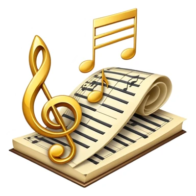 Create a bright and artistic emoji that represents music composition. The design should feature musical notes, a pencil or quill, and a sheet of music, symbolizing the creative process of composing a song. Add a touch of elegance with flowing lines to represent melody and rhythm. Use gold or silver tones for sophistication, and incorporate a mix of vibrant colors to convey creativity. The background should be transparent. sticker