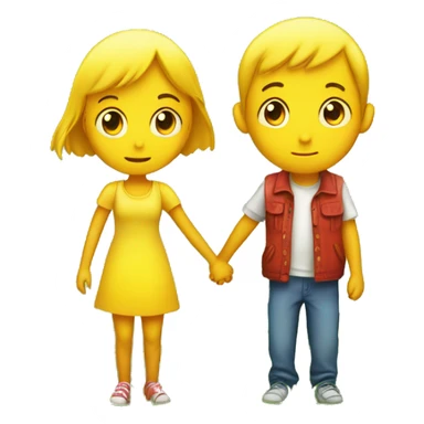 two bright yellow emojis of a boy and a girl holding hands on a lush green grass field. The girl is looking away, as if she is about to leave. The boy is looking at her with a sad expression, as if he doesn't want her to go. sticker