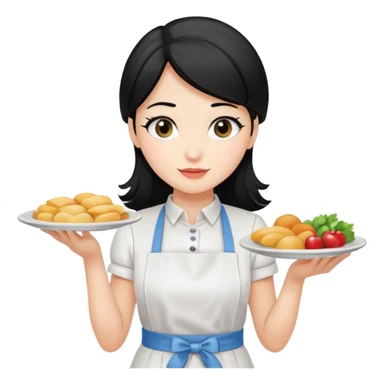 waitress with black hair and a food plate sticker
