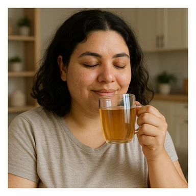woman with PCOS drinking water or sugar-free herbal tea, satisfied expression, self-care atmosphere, realistic details, kitchen or living room background sticker