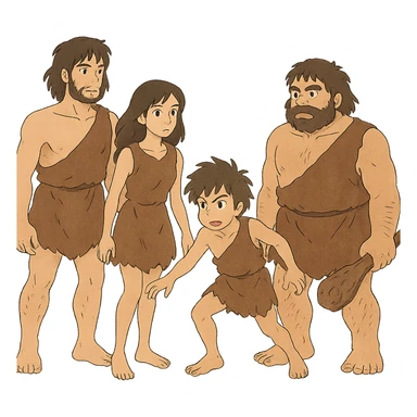 ghibli style illustration of early age humans, no background sticker