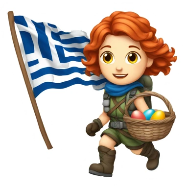 Greek Female winter mountaineer red hair white skin climbing with Greek Flag and Easter eggs basket sticker