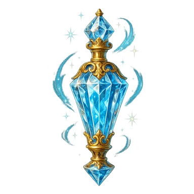 very luxurious crystal baton-shaped elixir bottle, lots of shining, edges, ornaments, golden details, magical effects, very small golden neck, transparent background, beautiful seamless bottom, bottle clearly floating in air, no base or shadow, premium class, playful, matching the collection sticker