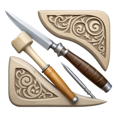 Carving icon, stone, bone, and horn with detailed patterns, carving tools like chisel and awl, minimalistic style, clean lines, transparent background. sticker