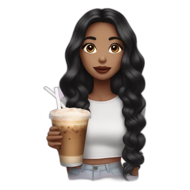 girl with long lashes, big lips, black hair drinks ice latte sticker