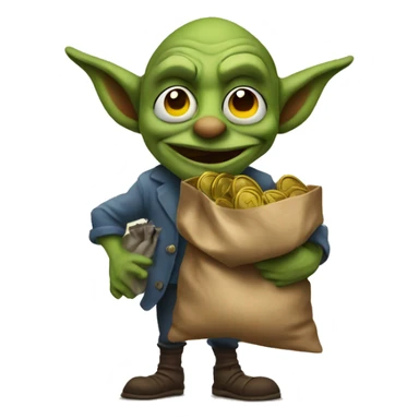 Goblin with big nose holding a bag of Pennys sticker