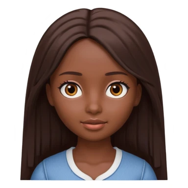 Boneca digital em estilo 3D realista e fofo, semelhante a uma boneca colecionável. Mulher jovem com pele negra, olhos castanhos escuros, cabelo liso cor chocolate, longo e bem alinhado.  sticker