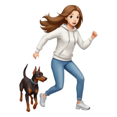 A beautiful girl with long hair wearing a white sweatshirt and jeans is running with a Doberman sticker