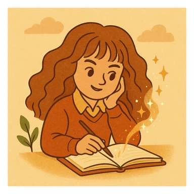 Hermione Granger writing in a notebook, cartoon style, warm colors, expressive face, magical atmosphere sticker