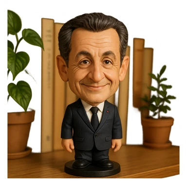 bobblehead style figure of Nicolas Sarkozy, French politician, suit and tie, oversized head, friendly expression sticker