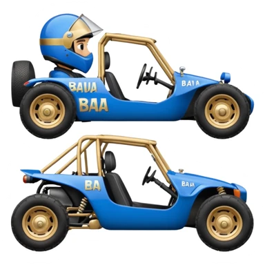 A small blue and gold dune buggy featuring a driver in a motorcycle helmet, with the word "BAJA" displayed on the side panel. sticker