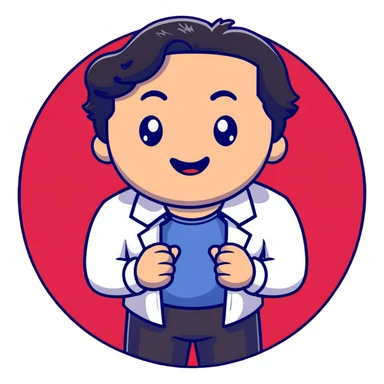 Management educator with black wavy hair, stubble, strong features, white skin, smart casual attire, presenting a powerful TED talk about business innovation, animated speaking pose on iconic red circle stage, innovation-themed visuals sticker