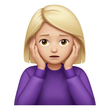 Emoji-style illustration of a frustrated young woman, smooth, shiny, perfectly styled blonde hair, wearing a purple sweater, holding her face in her hands, expressing annoyance and disappointment, cartoonish, expressive, simple lines, flat colors, clear silhouette sticker