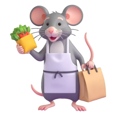 tired rat wearing apron bagging groceries sticker