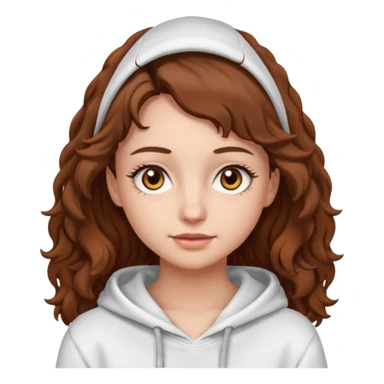 Una ragazza con una felpa semplice bianca,ha gli occhi marroni,i capelli marroni  , c’è gli ha lunghi e ricci ma non troppo e ha le ciglia stile emoji apple sticker
