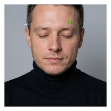 Vertical portrait, only the man's face, realistic style: closed eyes, water drops and green leaves symbols near the face representing hydration and detoxification during fasting, atmosphere of freshness and cleanliness. sticker