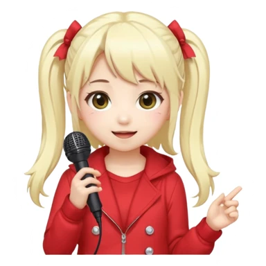 Cute kawaii emoji-style Japanese K-pop singer girl, long platinum blonde hair in twin tails, red outfit, holding a microphone, Japanese K-pop idol vibes, big sparkling eyes, chibi proportions, clean lineart, pastel colors, cheerful idol smile, sticker/emoji style, transparent background sticker