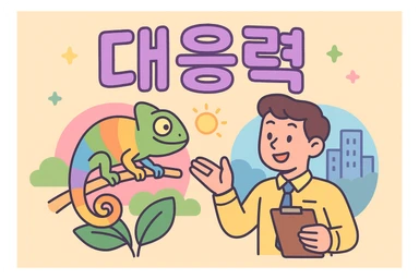 bright and cheerful pastel tone cartoon style with the word '대응력' and an image representing adaptability to change sticker