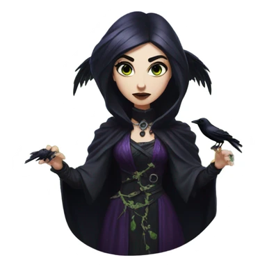 the morrigan goth woman version vines style furr robe stylish boots, perfect eyes, raven on hand, green vines decor on ground sticker