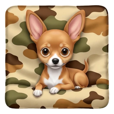 Miniature Pinscher Chihuahua mix lying on a camouflage blanket, big ears, playful look sticker