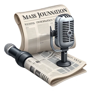 An icon featuring a microphone, a newspaper, and a camera, representing journalism and mass media. The design includes soundwaves and headlines, symbolizing the spread of information and news. Transparent background highlights the power of communication and media. sticker