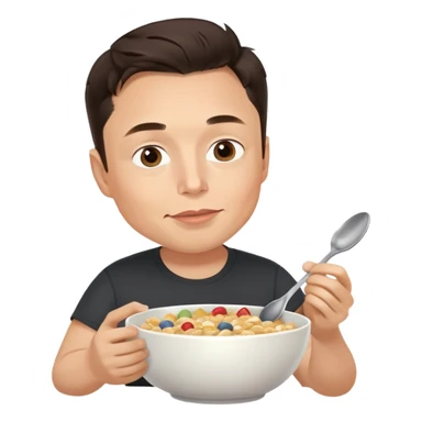 Elon Musk eating a bowl of cereal, man with short dark hair eating cereal from a bowl with a spoon sticker