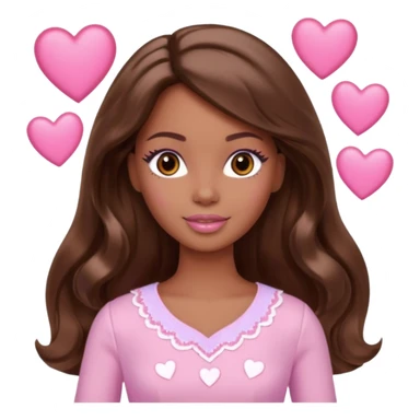 Barbie girl makeup , brown long straight wavy hair and brown eyes is In pale pink clothes There are pink hearts all around sticker
