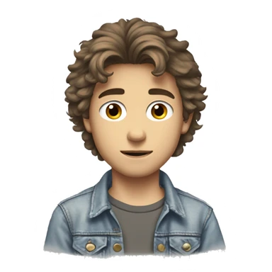 17-year-old boy in the 1980s, messy brown hair, grey eyes, lean build, wearing a faded denim jacket over a band t-shirt, with a slightly scruffy look and pensive expression.  sticker