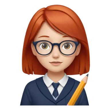 red hair girl kid with glasses → holding a pencil with school uniform sticker