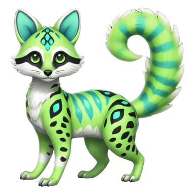 Rare realistic iridescent neon lime-green & cyan white black lush tropical exotic cute epic pretty beautiful handsome gorgeous aesthetic colorful vibrant Vernid-Protogen-Primagen-Wickerbeast-Genet-Trico-species-Fakemon-hybrid-creature by LiLaiRa, beautiful intricate markings, full body sticker