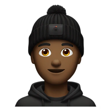 A 19 year old guy, in a beanie, wearing the apple vision pro, in a black outfit with dark red accents sticker