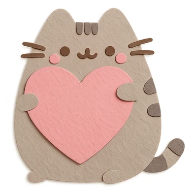 Pusheen hugging a big heart, pastel colors, adorable, paper craft style sticker