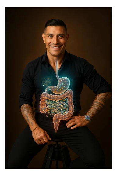 Radiant man with transparent digestive system showing diverse, thriving gut bacteria colonies in perfect balance, beneficial microorganisms glowing like constellation patterns throughout intestines, expression of optimal health and vitality, digestive tract functioning as harmonious ecosystem, immune system strengthened by microbial diversity, energy levels at peak performance sticker