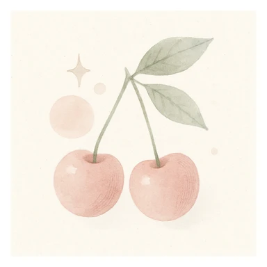 two cherries with green leaves connected by stems, watercolor style with soft edges, delicate hatching, pink circles and sparkles around, similar to the reference image sticker
