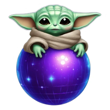 Baby yoda hugging a blue and purple disco ball sticker