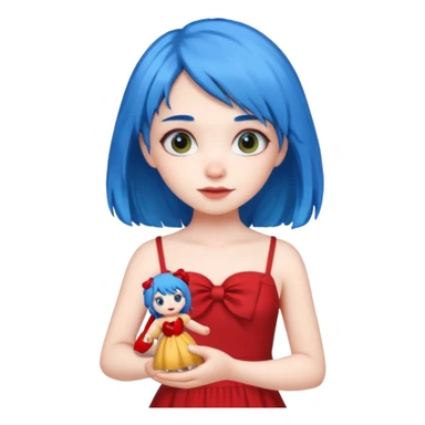 blue haired red wearing girl with small toy sticker