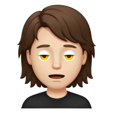 front emoji of a white boy with large brown hair, semi-closed eyes, wide open mouth, black shirt, minimalistic emoji style, bold shapes sticker
